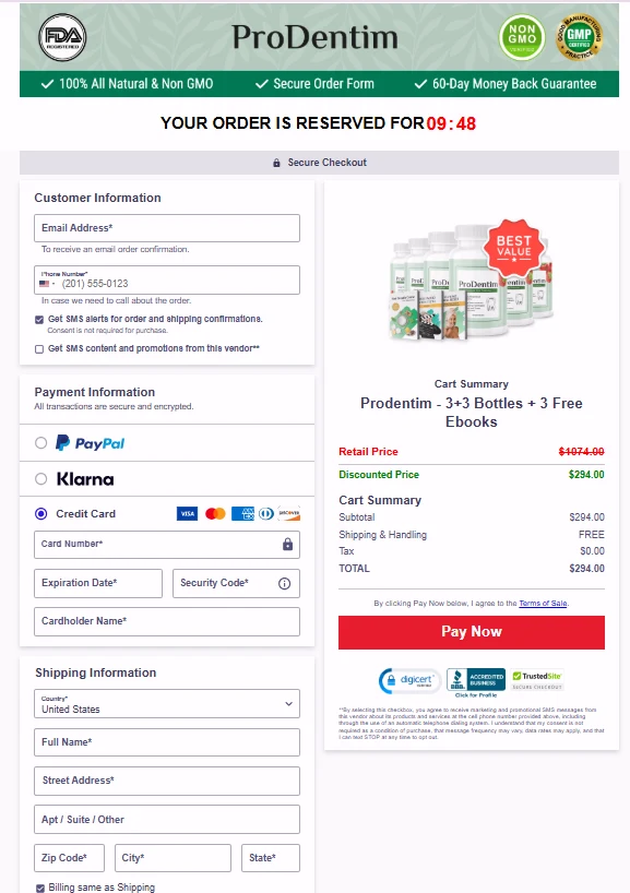 ProDentim official checkout page showing the 6-bottle order summary